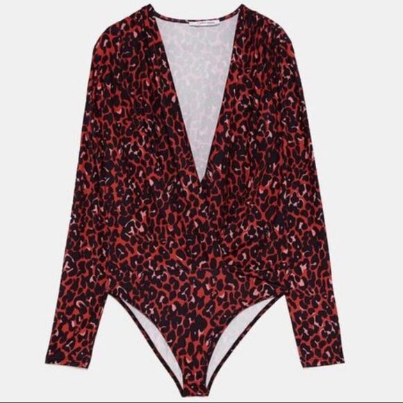 Zara red black long sleeve leopard animal cheetah print deep V bodysuit Sz L - Picture 7 of 15